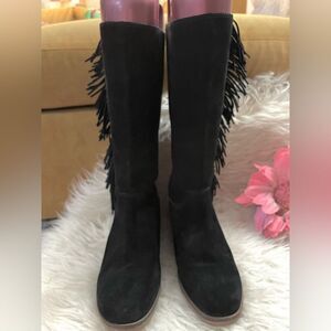 Lucky Brand "Grayer" Black Suede Fringe Boots 8